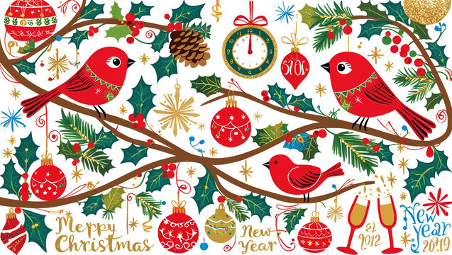 seamless pattern illustration of cartoon birds on christmas tree and flowers with bright colors for children