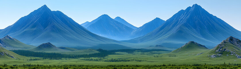Fototapeta premium Panoramic view of majestic mountains and lush green valley.