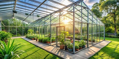 A serene and peaceful modern greenhouse with lush greenery and natural light, modern greenhouse
