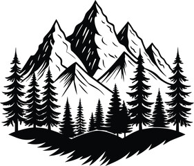 Obraz premium Hand-Drawn Mountain Silhouette with Pine Trees - Vector Illustration on Black And White. 
