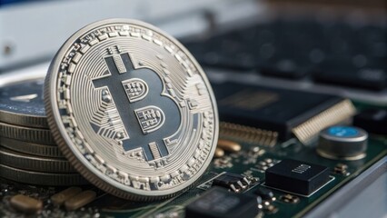 cryptocurrency and technology concept. Bitcoin coin on a circuit board background.