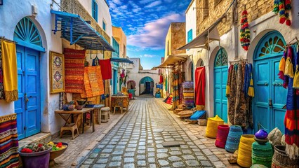 Fototapeta premium Colorful and lively souk (market) in the heart of Djerbas old medina, traditional souk,Djerba island,Tunisian market