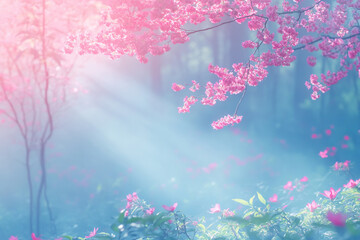 Delicate spring landscape with blooming cherry trees in a quiet park, sakura branches against the background 