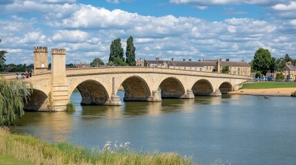 Historic Stone Bridge Spanning Scenic River Under Cloudy Sky