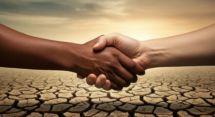 Two hands of different skin tones shaking in front of a backdrop of a cracked earth, symbolizing unity for climate change