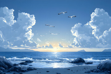 Seascape sunrise with birds flying over ocean and rocky shore.