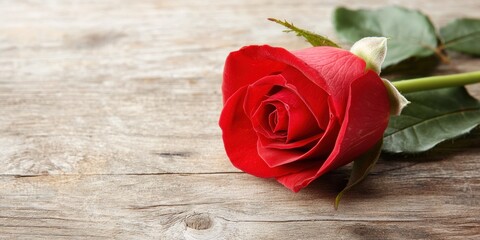 Fresh Red Rose Flower Blossom Closeup on Wooden Surface with Green Leaves for Natural Floral Background or Decoration