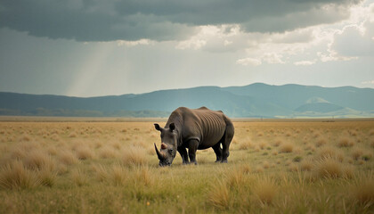 Fototapeta premium Majestic rhinoceros roams freely under a dramatic sky on World Wildlife Day
