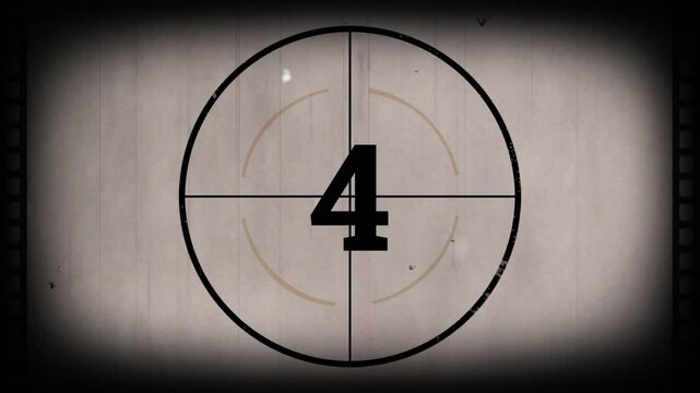 Countdown old movie from 9 to 0 number. Vintage old film movie timer count in grey retro style. Video timer, countdown retro cinema animation.