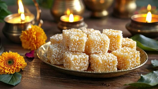 Square sesame and jaggery sweets tilgul neatly arranged on a brass plate, surrounded by marigold flowers and glowing oil lamps. Makar Sankranti and Pongal traditional dessert