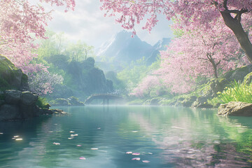 Delicate spring landscape with blooming cherry trees in a quiet park, sakura branches against the background of lake water