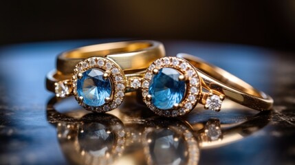 Two gold rings with blue sapphires and diamonds