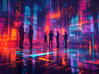 Team Analyzing Business Data Over Holographic Spreadsheet Interface Vector Illustration