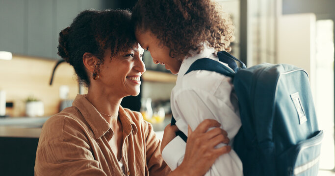 Mother, girl and uniform with forehead touch in home for preparing or ready for elementary education. Apartment, people and parent with kid for back to school with smile, pride or child development