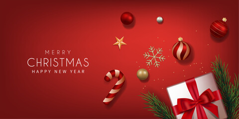 Naklejka premium Merry Christmas Top View Banner with Christmas Elements . Vector illustration. 