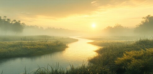 Obraz premium A Misty River Winding Through a Golden Sunrise Landscape