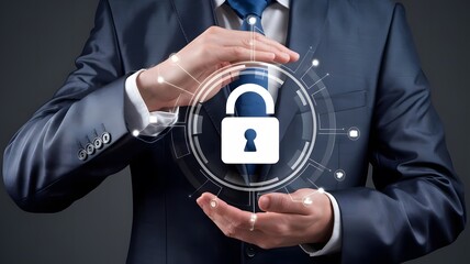 hand clicks virtual screen to ​the icon security on the virtual display Business Internet, and Networking Technology Cyber Security Privacy concept.