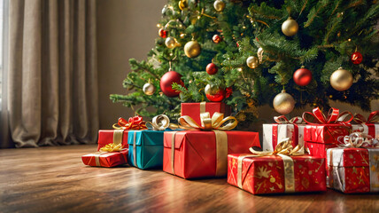 A Close up view of a Home decoration during Christmas and New year holidays with the Tree and Present.