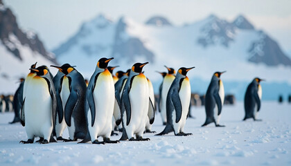 Obraz premium Majestic emperor penguins gather on icy landscape during World Wildlife Day celebration in Antarctica