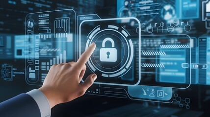 hand clicks virtual screen to ​the icon security on the virtual display Business Internet, and Networking Technology Cyber Security Privacy concept.