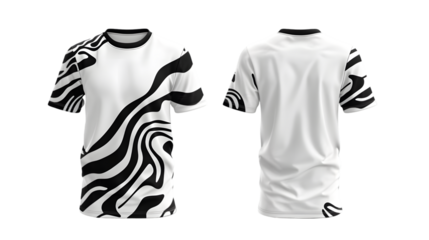 white sports t-shirt with black abstract pattern, jersey mockup design with front and back views, isolated on a transparent background