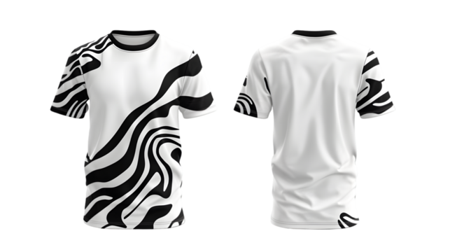 white sports t-shirt with black abstract pattern, jersey mockup design with front and back views, isolated on a transparent background