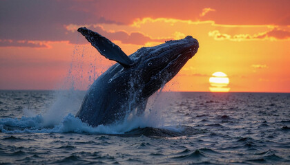 Naklejka premium Majestic whale breaching against a stunning sunset in celebration of World Wildlife Day