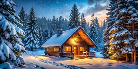 Fototapeta premium Cozy Cabin Winter Retreat, Snowy Woods, Serene Escape