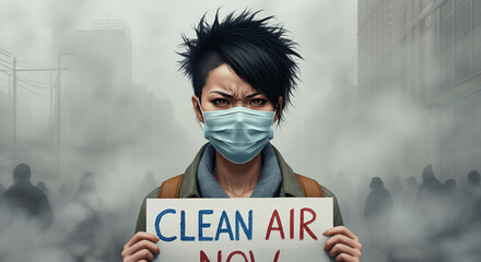 A person standing in a smog-covered city with a mask, holding a sign that says 'Clean Air Now!