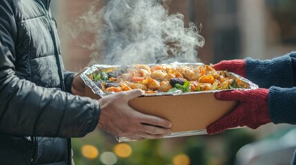 A delivery driver presents a steaming meal to a pleased customer at their doorstep, emphasizing convenience and quality service.