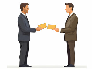 Fototapeta premium Flat Colleagues Exchanging Business Cards Candid Office Shot with Copy Space