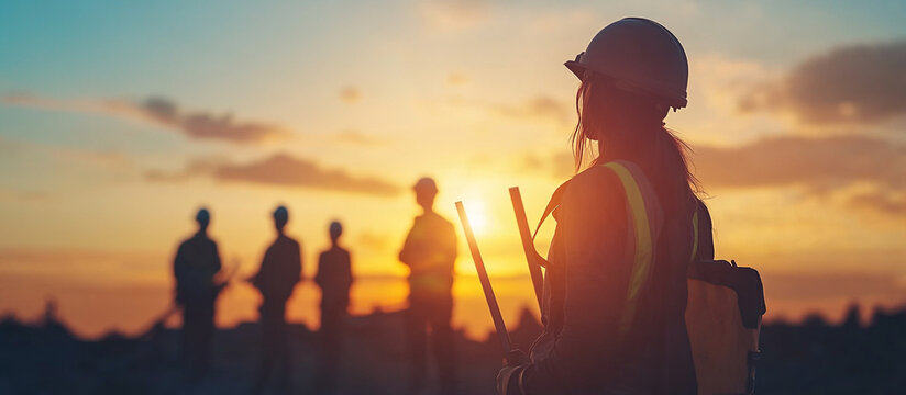 Silhouette of a survey engineer and construction team at a work site, blurred industry backdrop with light flare, showcasing industry collaboration