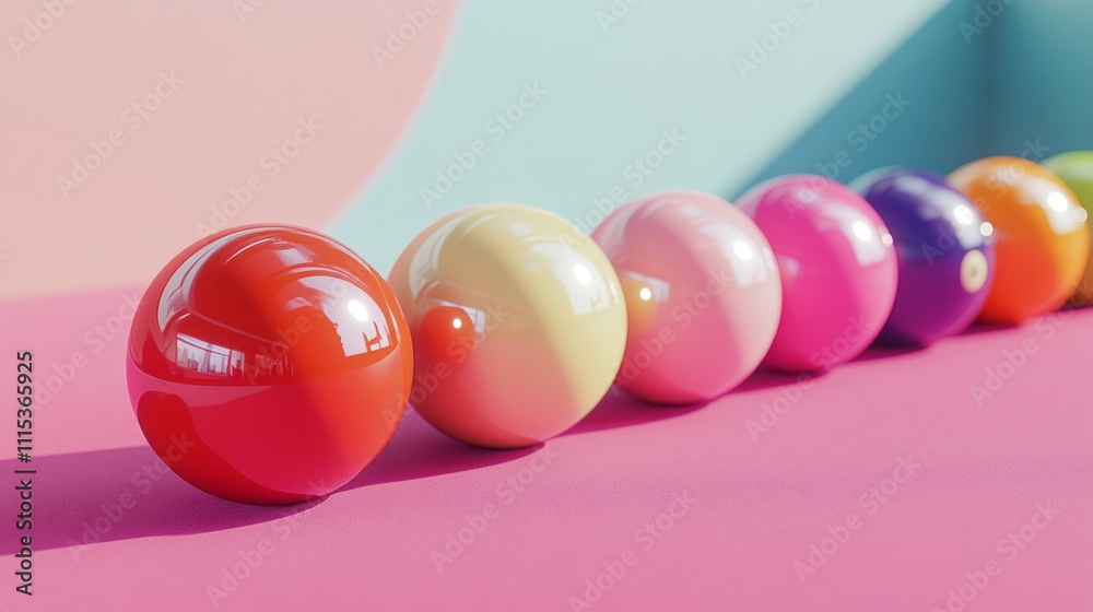 Poster a stunning collection of glossy spheres lined up in a rainbow of colors showcases their reflective s