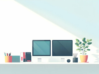 Flat Creative Digital Workspace with Dual Monitors and Graphic Tablet