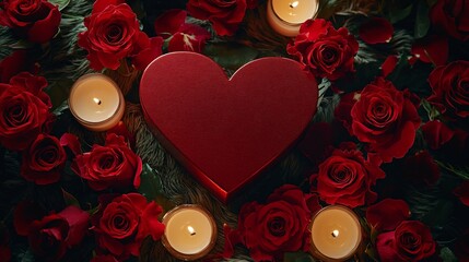 Promote your Valentine's Day offers with a beautifully crafted heart-shaped gift box, complemented by red roses and romantic candles, perfect for couples.