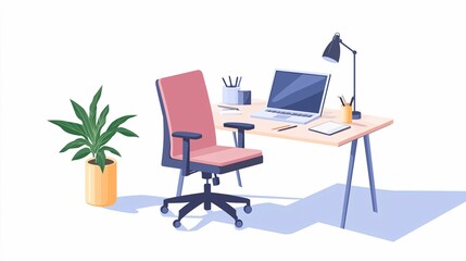Fototapeta premium Modern home office setup featuring a laptop, ergonomic chair, plant, and stationery against a white background, illustrating the remote work concept.
