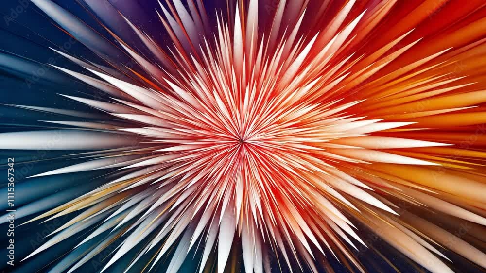 Poster Abstract Burst of Energy: A vibrant, abstract image featuring a burst of radiating lines in a kaleidoscope of colors, creating a dynamic and energetic visual. Perfect for representing speed, growth.