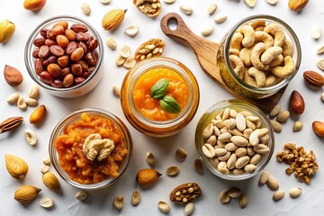 Fototapeta premium Minimalist Nuts - Cashews, Almonds, Pumpkin Seeds, Coconut Jam - Floating Dry Fruits