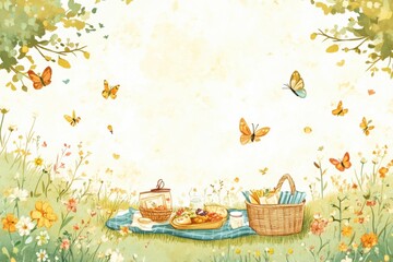 A spring picnic features a blanket with food, a woven basket, colorful flowers, and butterflies fluttering in a bright meadow. Generative AI