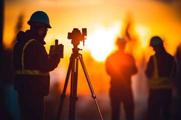 Silhouette of a survey engineer and construction team working at a site, blurred industry background with light flare, showcasing teamwork and industry