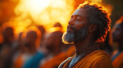 Obraz premium A group of individuals immersed in deep meditation as the sun sets, casting a warm golden glow. One person stands out, embodying peace and wisdom, surrounded by a sacred atmosphere