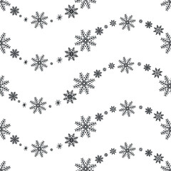 Snowflakes waves seamless pattern. Vector graphic illustration for Christmas or New Year festive design. Ice stars for winter holiday background. Festive template for card, wallpaper, wrapping, fabric