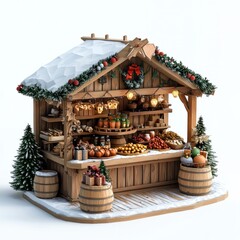 3D Render of a Christmas market stall with wooden toys, on isolated white background