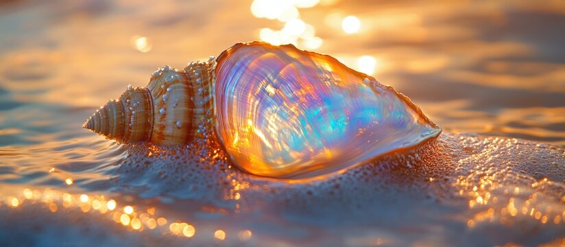 A seashell on the beach at sunset, shimmering with iridescent colors.