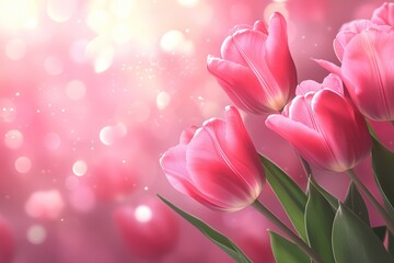 Obraz premium Pink background with tulips, creating an elegant and romantic atmosphere for Valentine's Day, Easter, Birthday, Happy Women's Day, Mother's Day. Flat lay, top view