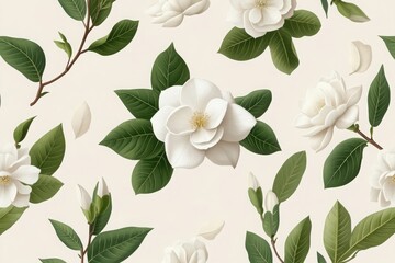 Seamless Pattern of Creamy White Gardenia Blooms with Lush Green Leaves on Soft Background