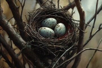 Obraz premium Nest with Three Blue Eggs in Twigs Surrounded by Nature