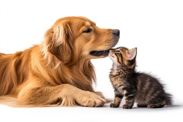 Obraz premium Golden Retriever Dog and Kitten Share a Gentle Moment