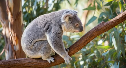 Fototapeta premium Australian koala resting on eucalyptus tree branch in lush forest environment
