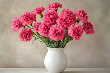 Fresh Pink Carnations in a White Vase on Soft Background